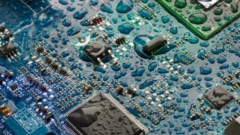The circuit board of the motherboard is covered with drops of water in blue-green tones.